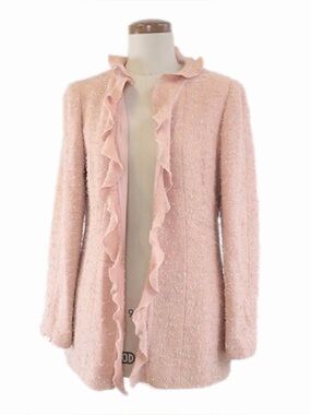 Chanel Vintage 1999 Pink Rosa Tweed Giacca Gonna Ruffle Jacket